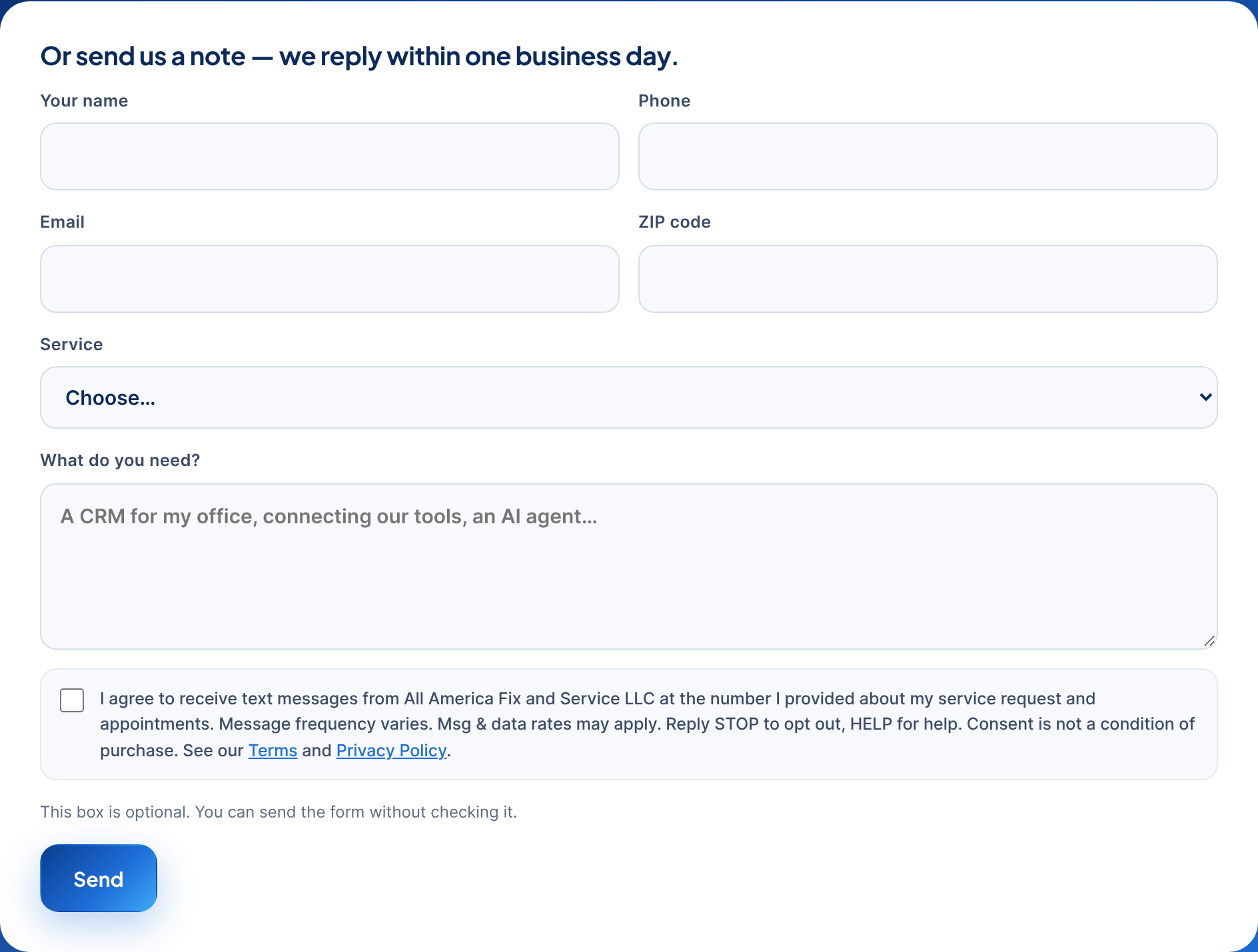 Screenshot of the All America contact form showing the single SMS consent checkbox, unchecked